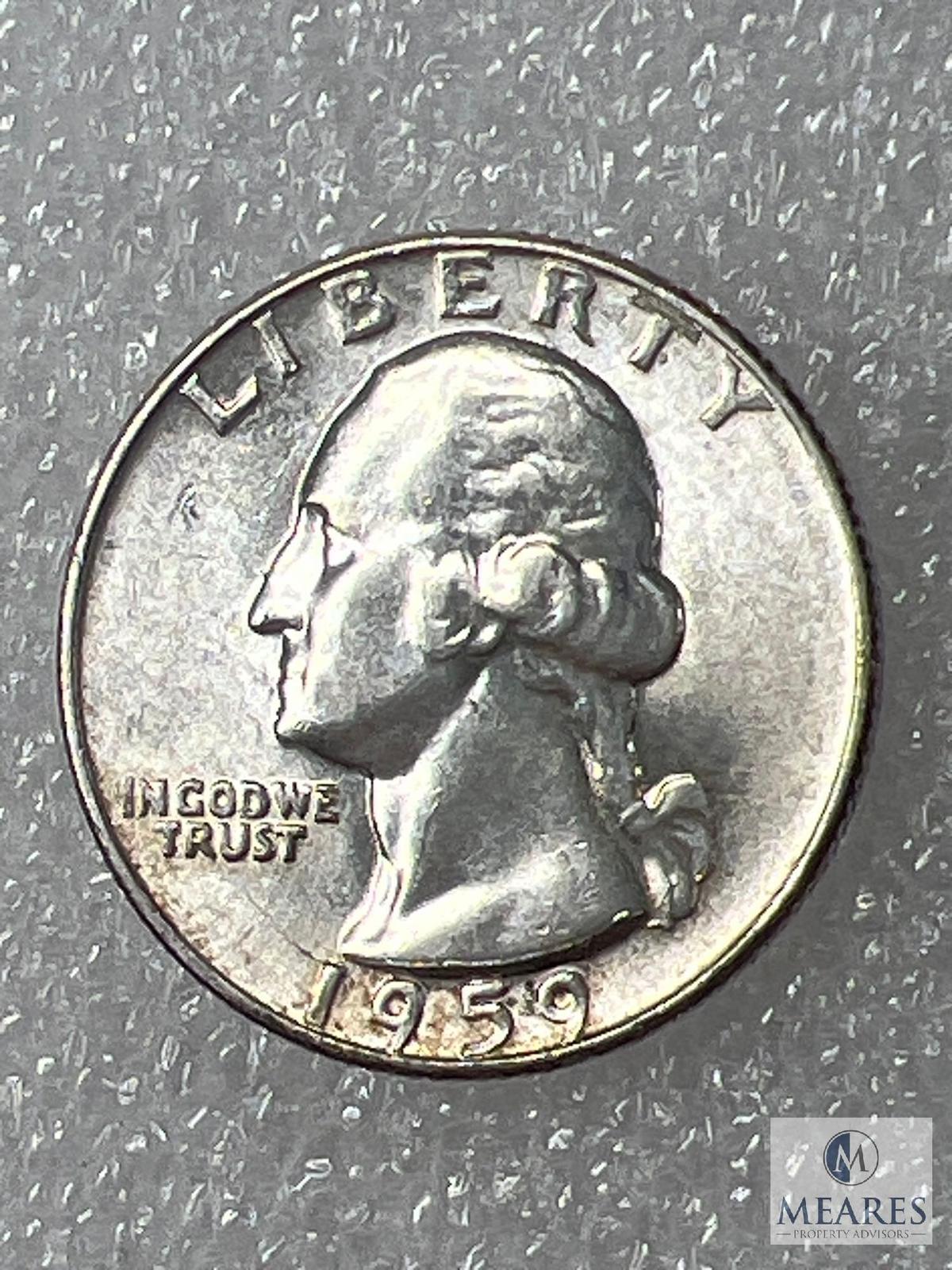 1959-D Washington Quarter, BU Error Die Breaks 1 In Date To Motto & Across Base Of Neck