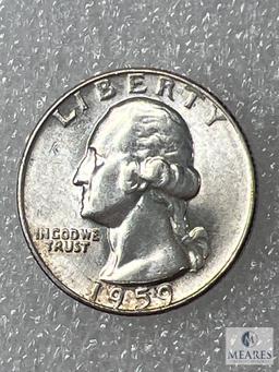1959-D Washington Quarter, BU Error Die Breaks 1 In Date To Motto & Across Base Of Neck
