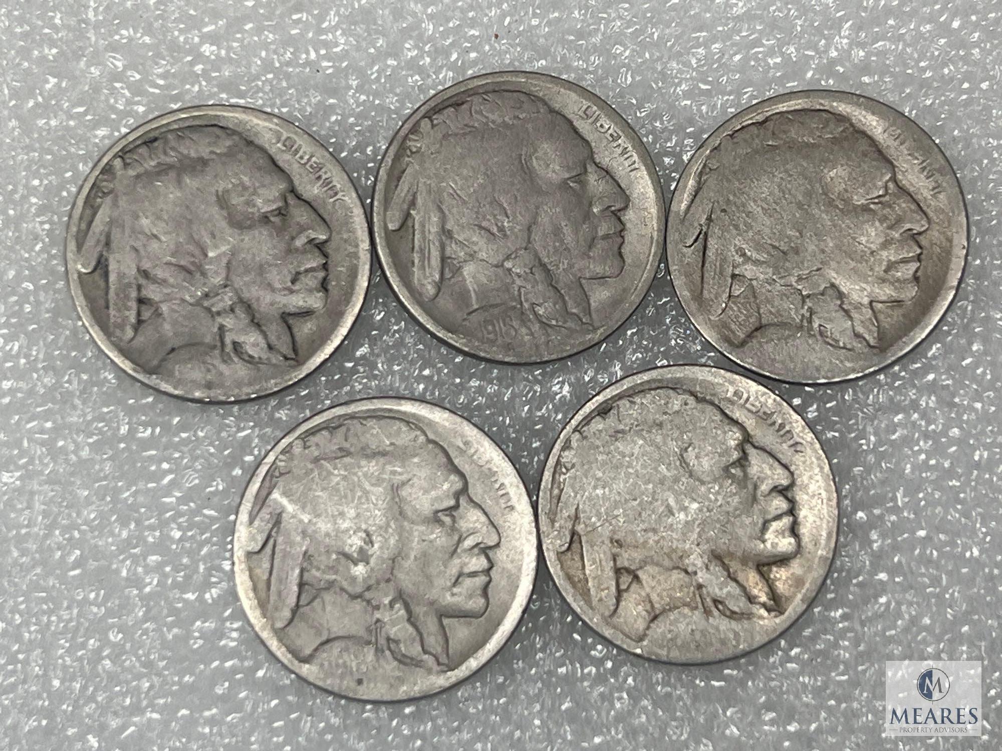 Five 1916 Buffalo Nickels, Restored Dates