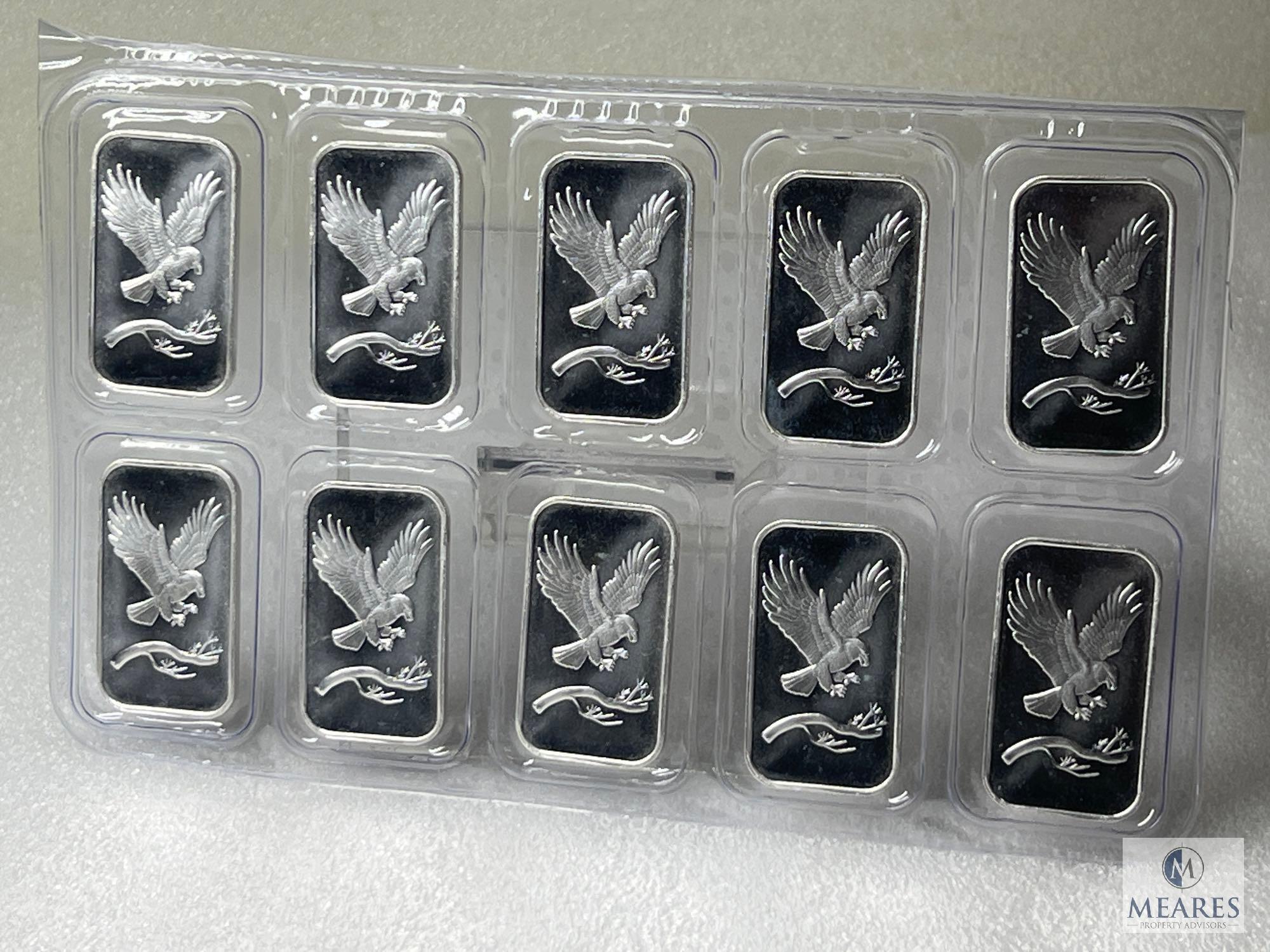 Group of 10: Silvertowne Eagle Silver Ingots, One Troy Ounce .999 Fine Silver Each