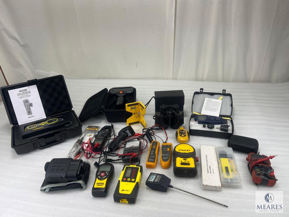 Large Lot of Electric Meters, Moisture Meter and Binoculars