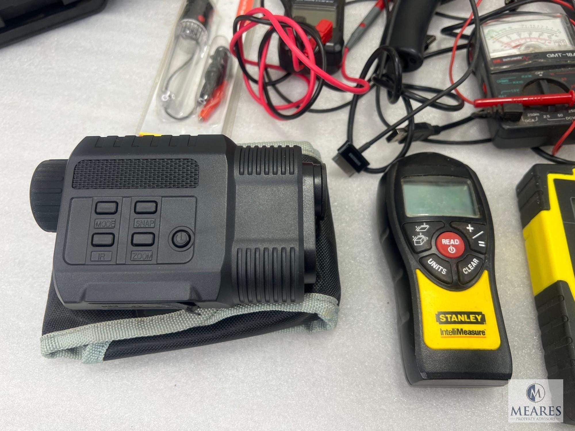 Large Lot of Electric Meters, Moisture Meter and Binoculars