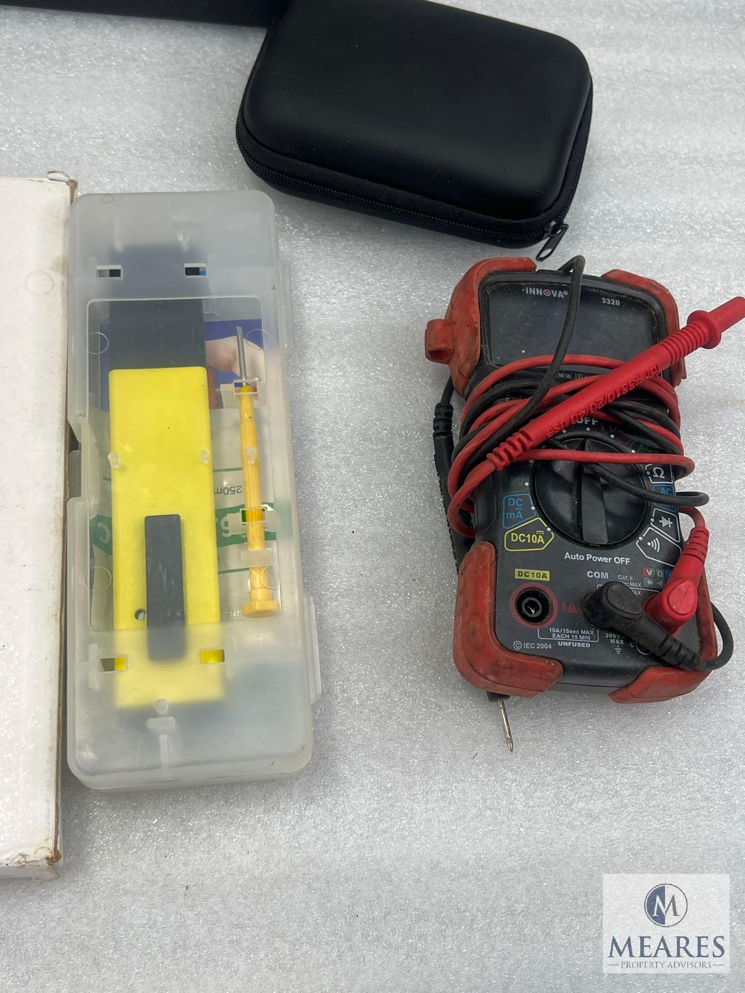 Large Lot of Electric Meters, Moisture Meter and Binoculars