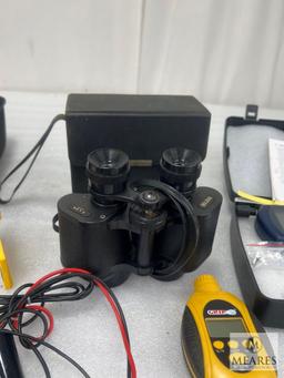 Large Lot of Electric Meters, Moisture Meter and Binoculars