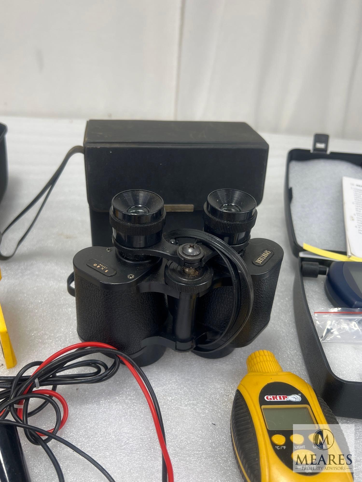 Large Lot of Electric Meters, Moisture Meter and Binoculars