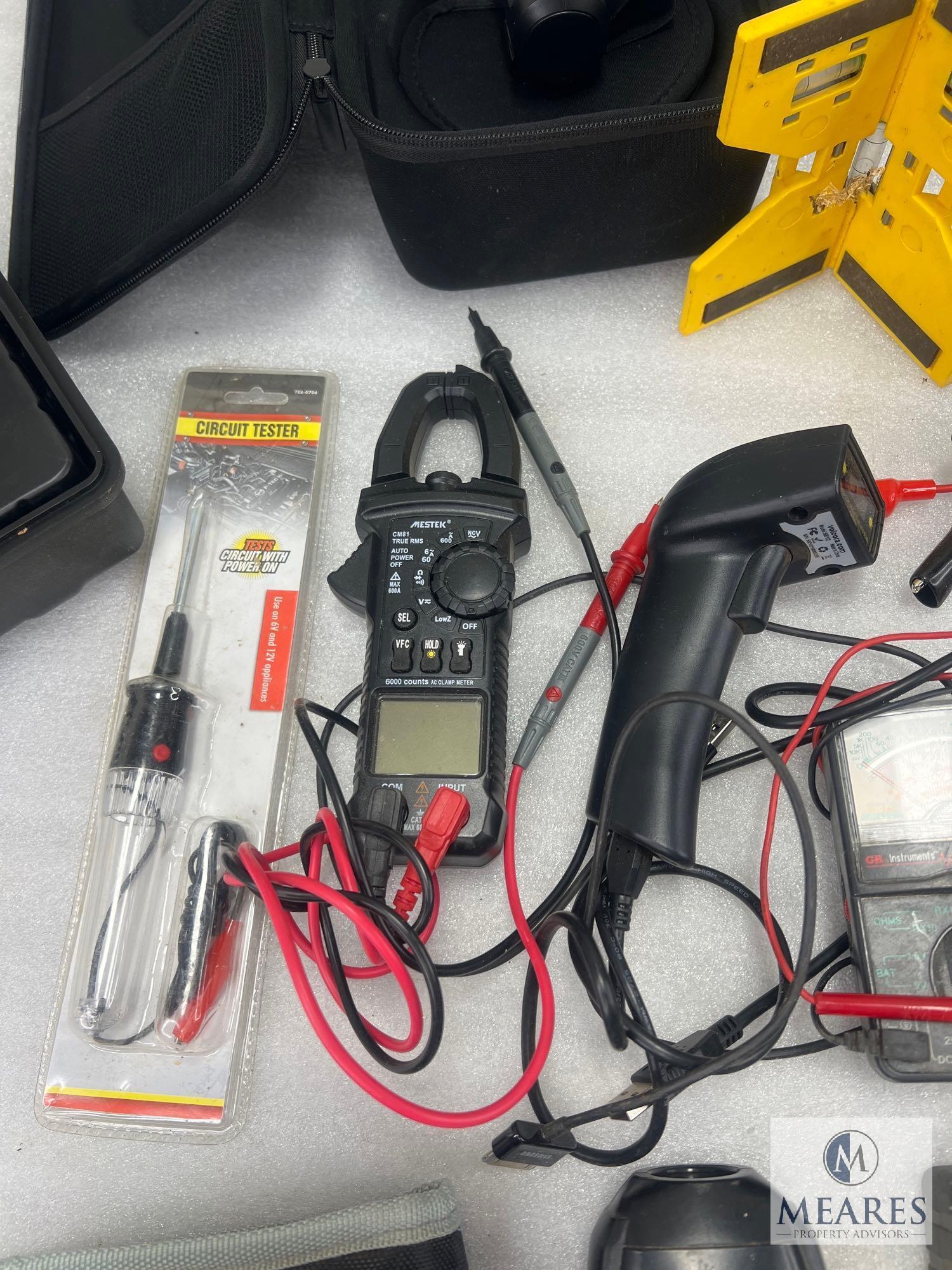 Large Lot of Electric Meters, Moisture Meter and Binoculars