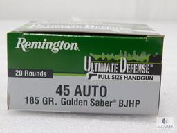 20 Rounds Remington Ultimate Defense .45 ACP Ammo. 185 Grain Hollow Point
