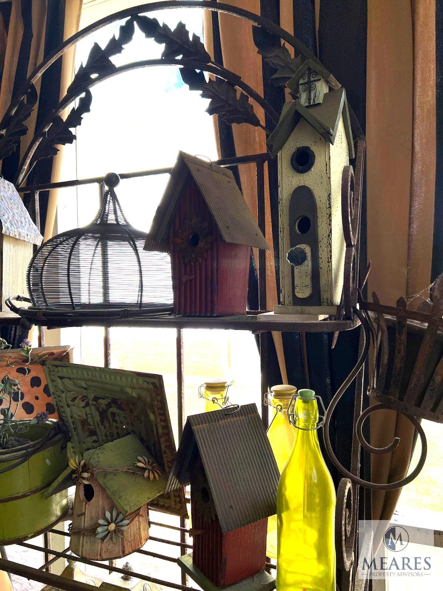 Metal Bakers Rack with Birdhouses, Watering Cans and Etc.