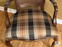 Cane Back Arm Chair with Plaid Upholstered Seat, 25"x33"