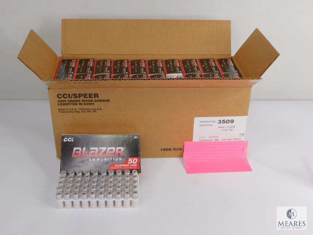 1000 Rounds CCI Blazer 9mm Ammo. 115 Grain FMJ