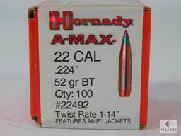 100 Rounds Hornady A-Max .22 Cal, .224", 52 Grain BT