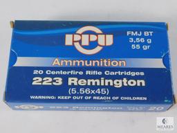 20 Rounds PPU 223 Remington 5.56x45 FMJ BT 55 Grain