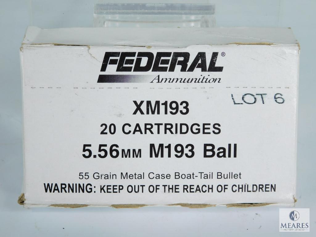 20 Rounds Federal Ammunition XM193 5.56mm M193 Ball 55 Grain Metal Case Boat-Tail Bullet