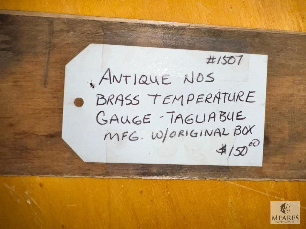 Antique NOS Taguabue Brass Temperature Guage with Original Wooden Box