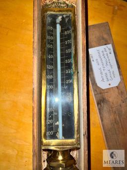 Antique NOS Taguabue Brass Temperature Guage with Original Wooden Box