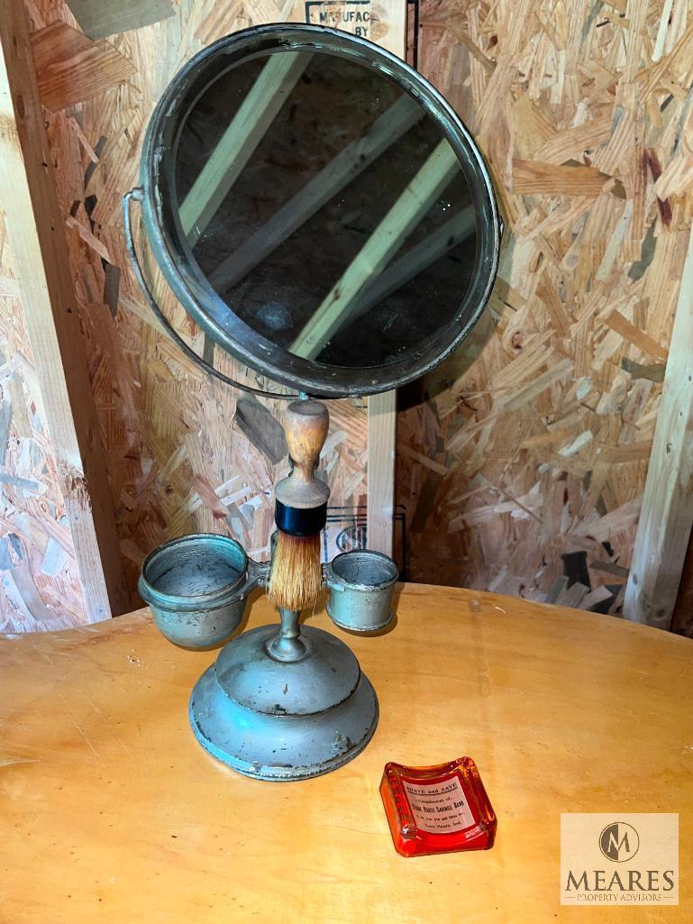 Gentleman's Shaving Mirror with Beveled Edge and Vintage Glass Razor Stand