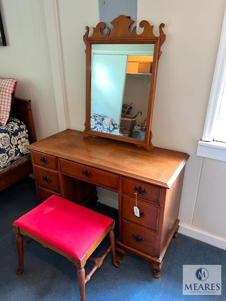Wooden Desk, Wall Mirror and Stool with Upholstered Top
