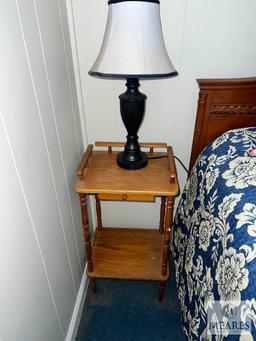 Wooden Double Bed with Side Table and Lamp