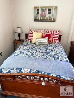 Wooden Double Bed with Side Table and Lamp