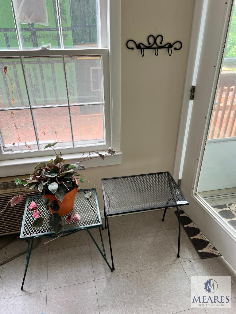 Two Metal Outdoor Tables and Metal Coat Rack