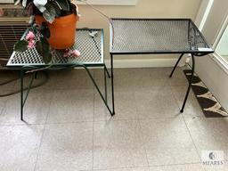 Two Metal Outdoor Tables and Metal Coat Rack