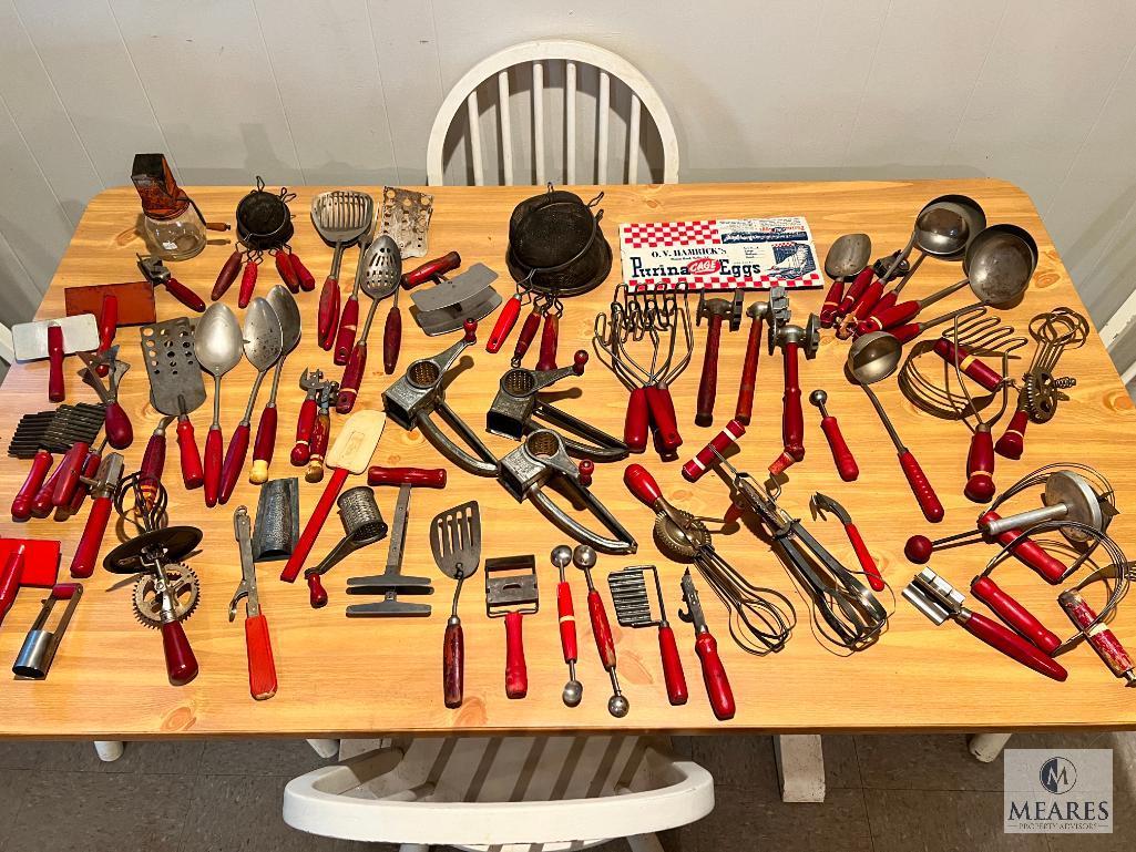 LARGE Lot of Vintage Red Handled Kitchen Items