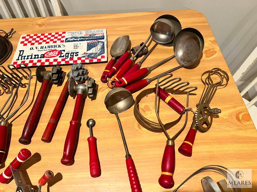 LARGE Lot of Vintage Red Handled Kitchen Items