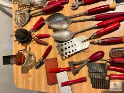LARGE Lot of Vintage Red Handled Kitchen Items