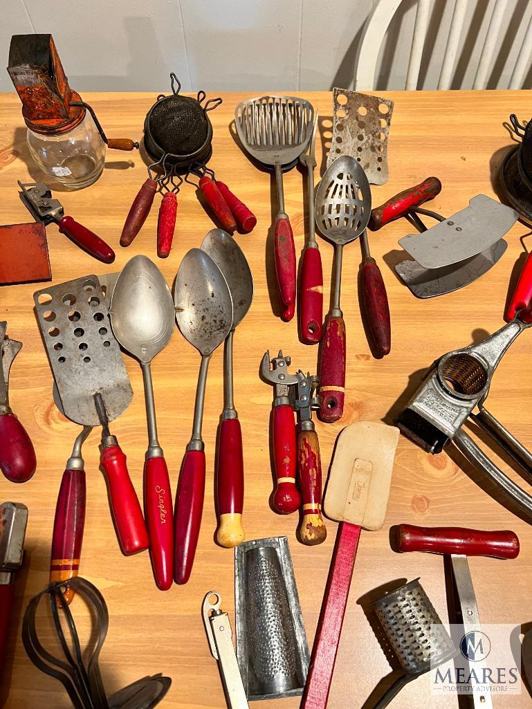 LARGE Lot of Vintage Red Handled Kitchen Items