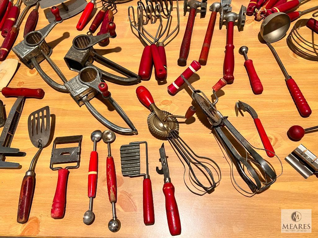 LARGE Lot of Vintage Red Handled Kitchen Items