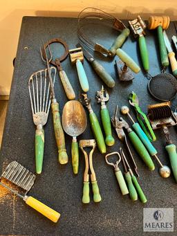 LARGE Lot of Green Handled and Wooden Handled Kitchen Items