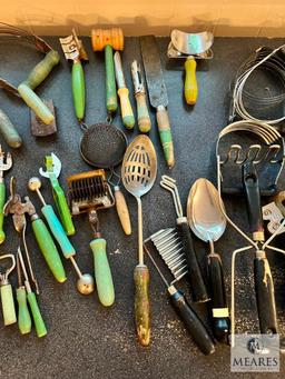 LARGE Lot of Green Handled and Wooden Handled Kitchen Items