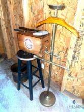 Decorative Lot: Eagle Scout Box, Brass/Copper Buckets, Stool, Valet