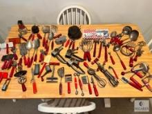 LARGE Lot of Vintage Red Handled Kitchen Items