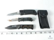 Lot of Three Folding Knives - Folding Knife with Attached Flashlight and Sheath and Two Others