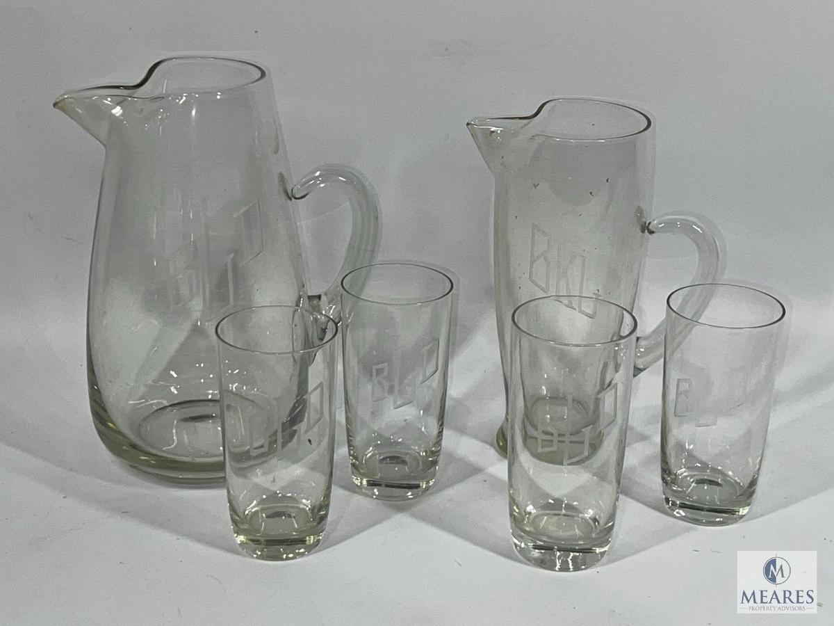 Etched Monogram Pitchers and Glasses