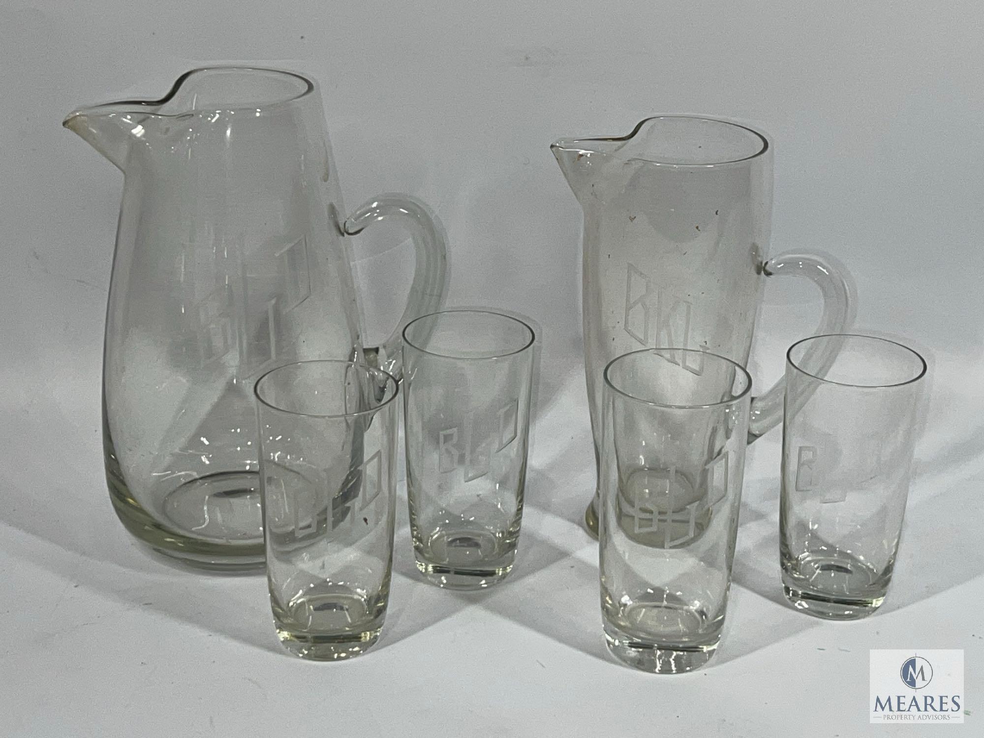 Etched Monogram Pitchers and Glasses