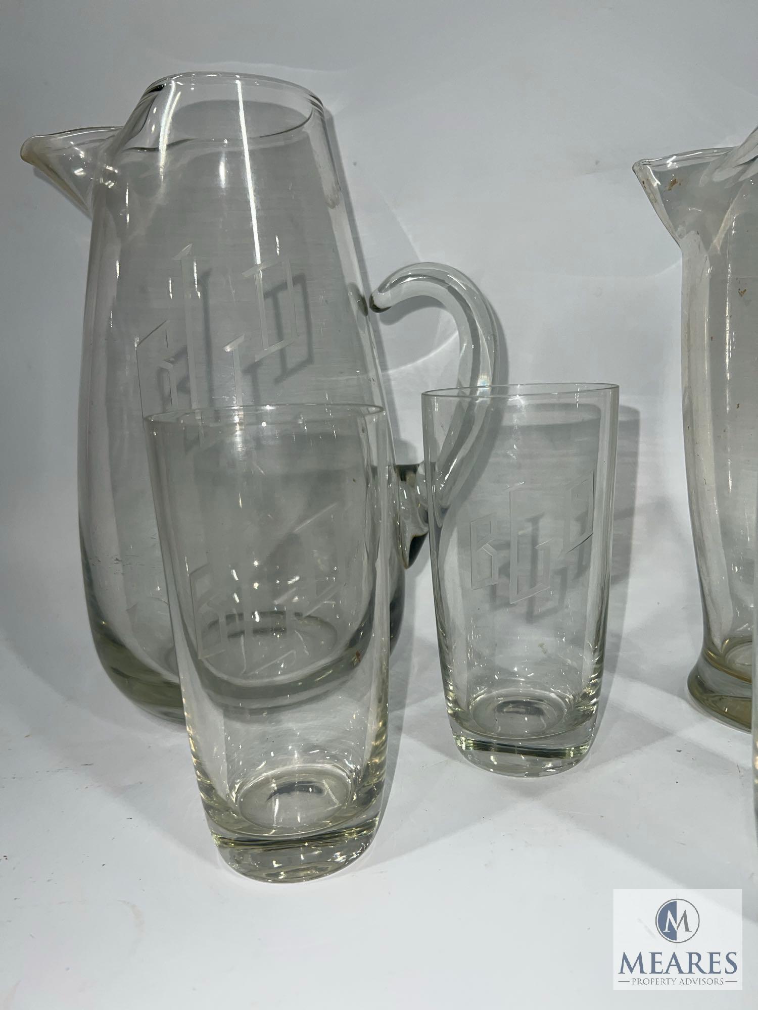 Etched Monogram Pitchers and Glasses