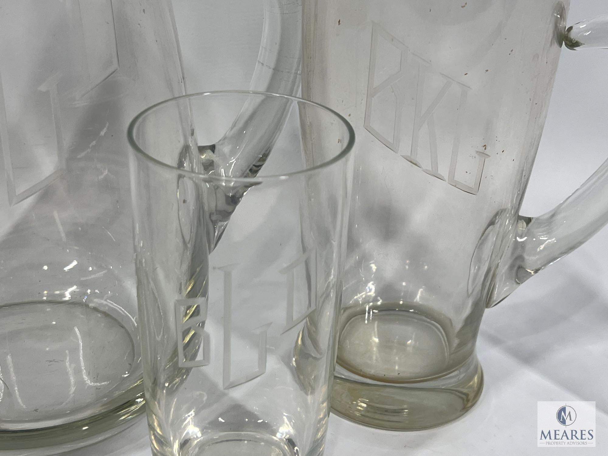 Etched Monogram Pitchers and Glasses