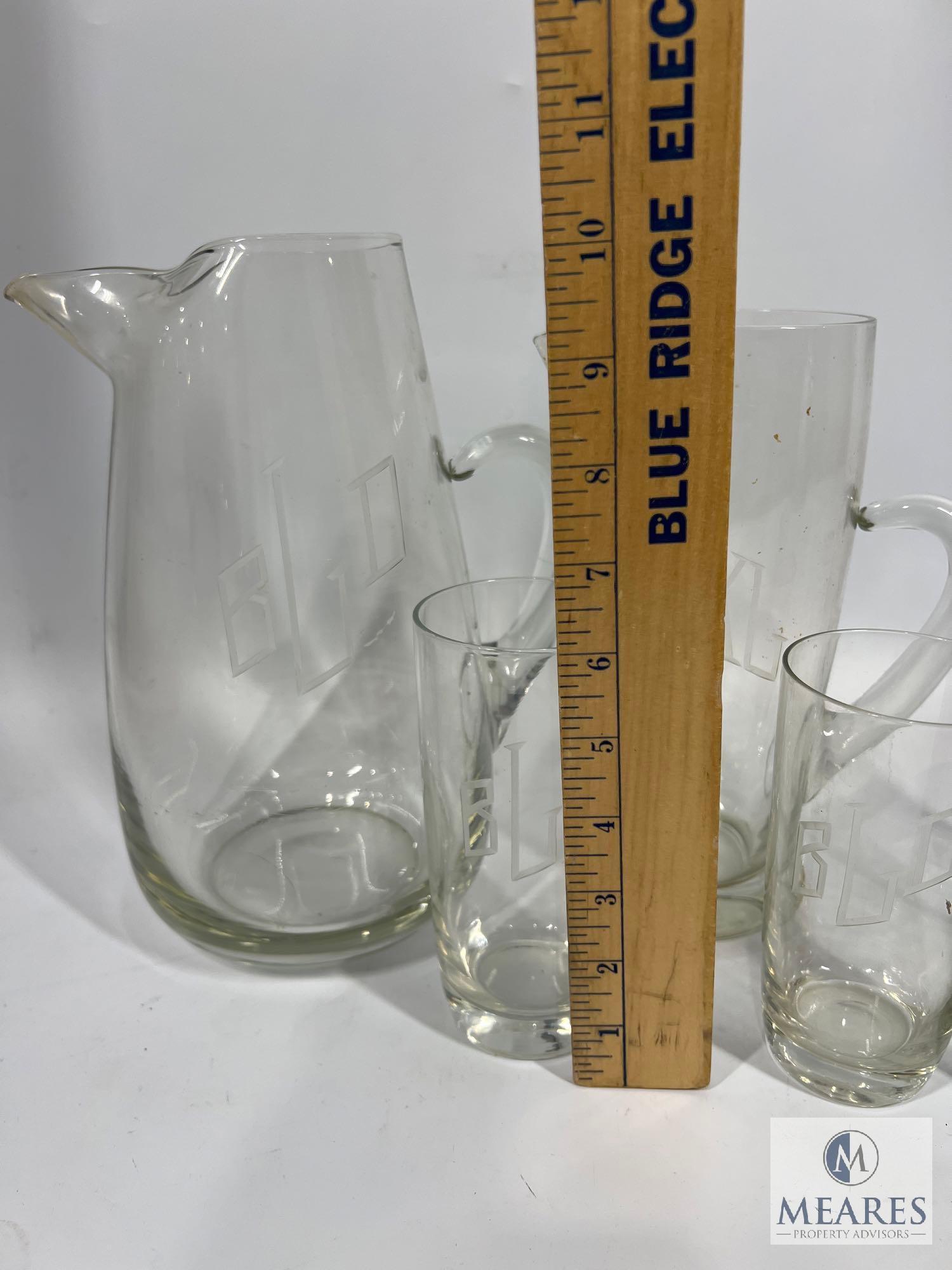 Etched Monogram Pitchers and Glasses