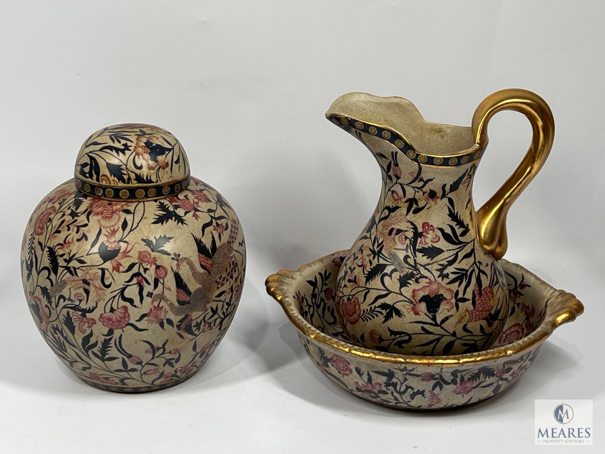 Asian-Inspired Pitcher and Bowl with Lidded Urn
