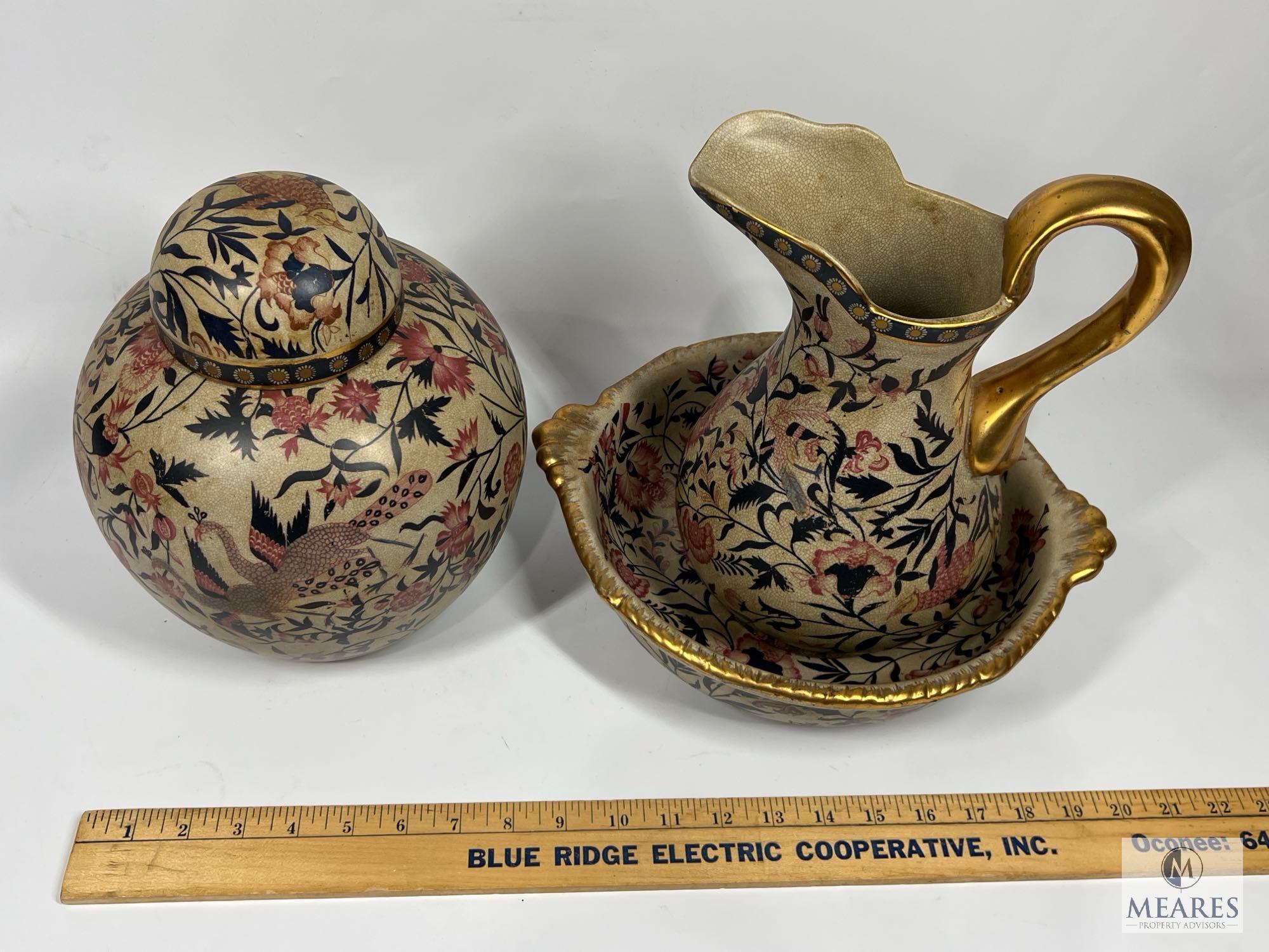 Asian-Inspired Pitcher and Bowl with Lidded Urn