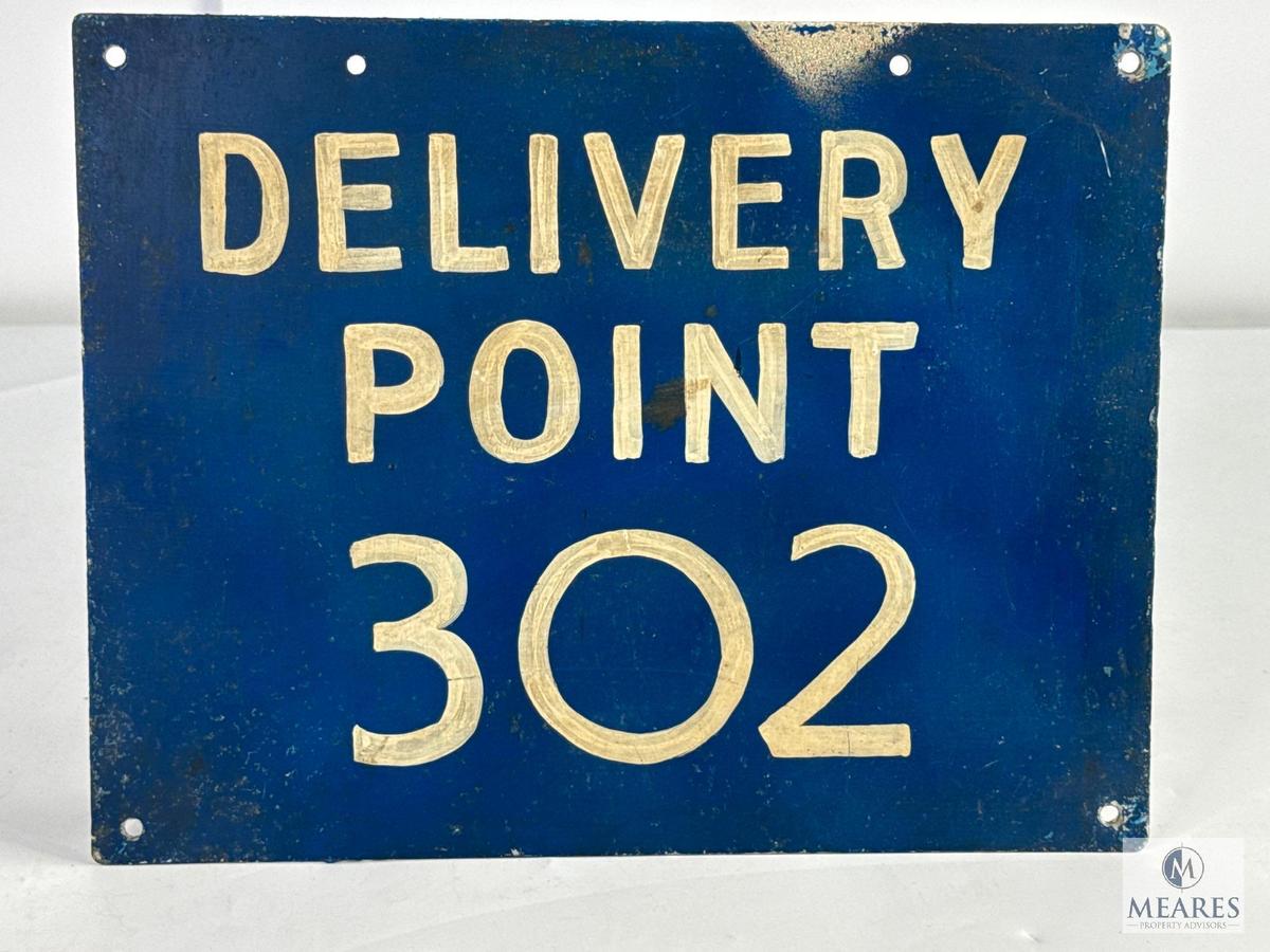 Vintage Single-sided Delivery Point 302 Metal Sign - Handpainted Letters and Numbers