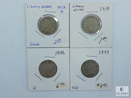 Liberty Nickels 1896 (G), 1987 (VG), 1908 (AG-G), 1912-D (G)