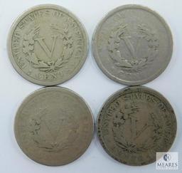 Liberty Nickels 1896 (G), 1987 (VG), 1908 (AG-G), 1912-D (G)