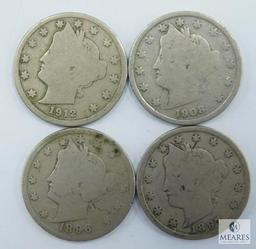 Liberty Nickels 1896 (G), 1987 (VG), 1908 (AG-G), 1912-D (G)
