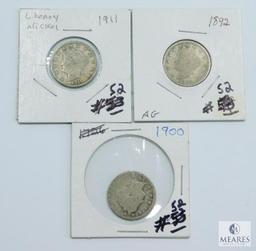 Three Circulated Liberty Nickels 1892, 1900, 1911