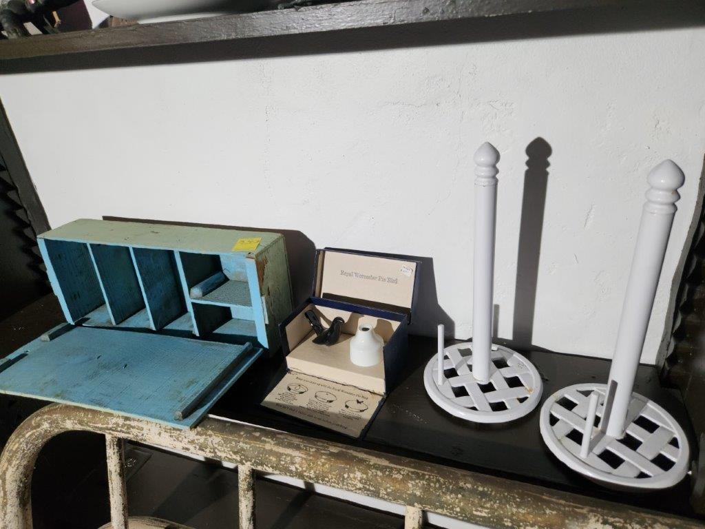Old Wood Sorting Box, Royal Worcester Pie Bird, & Paper Towel Holders