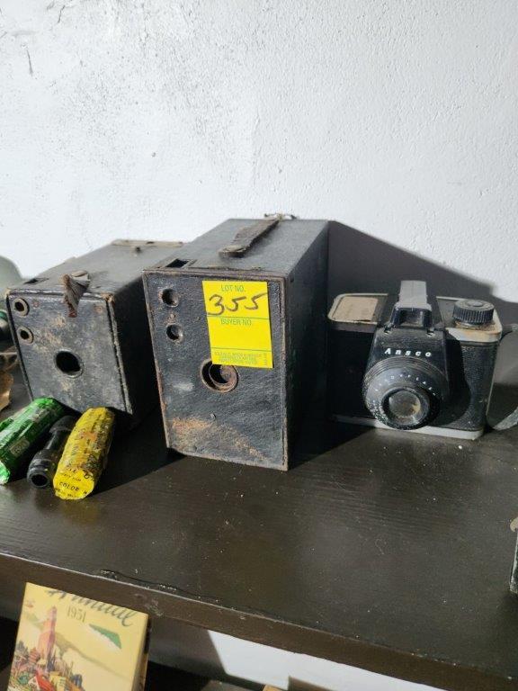 Contents of Shelf - Old Cameras, Glass Bottles, Glass Door Knobs, Glass Insulators