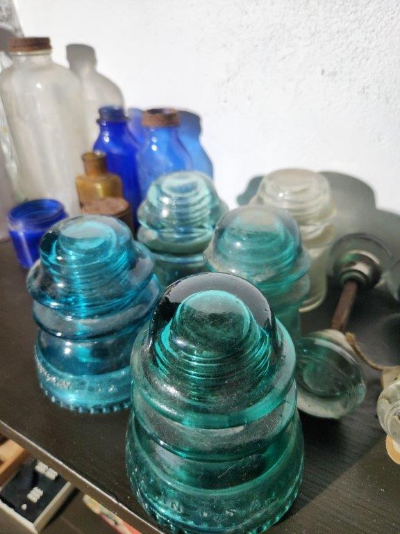Contents of Shelf - Old Cameras, Glass Bottles, Glass Door Knobs, Glass Insulators